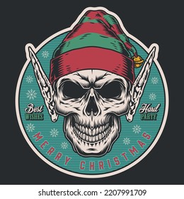 Christmas elf vintage sticker colorful skull with long ears wishes happy holiday and invites you to hard party vector illustration