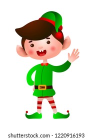 Christmas elf waving hand vector illustration. Christmas, fairytale, traditional celebration. Holiday concept. Can be used for greeting cards, invitations, posters, leaflets, brochure