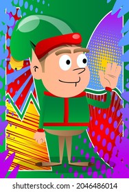 Christmas Elf with waving hand. Vector cartoon character illustration of Santa Claus's little worker, helper.