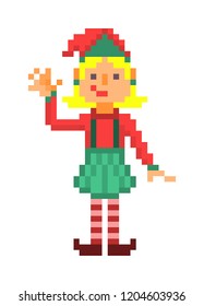 Christmas elf waving, pixel art character isolated on white background. 8 bit retro old school 80s; 90s slot machine/video game grapics. Santa's helper. 