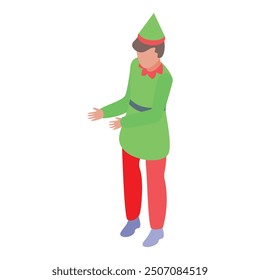 Elfo de Navidad con un traje verde y un sombrero está de pie y mostrando algo con sus manos