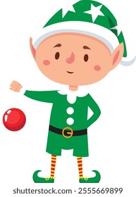 Christmas elf wearing a green and white costume with a white star on the hat, striped socks and pointy shoes, holding a red ball in his hand, smiling, getting ready for christmas