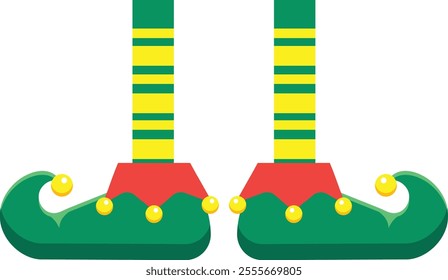 Christmas elf wearing green and yellow striped stockings and green shoes with curled toes and three yellow bells, a festive and whimsical design element for holiday projects