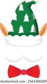 Christmas elf wearing a whimsical green hat adorned with white Christmas trees and a cheerful red bow tie, adding festive charm to holiday illustrations and greeting cards