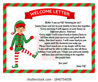 Christmas elf welcome letter with christmas gift. Flat vector illustration.