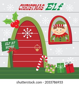 Christmas elf at work illustration for christmas card, gift bag or box design