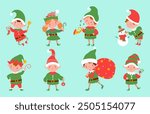 Christmas elf working. Holidays season, elves with presents box sweets musical instrument and decorations. Xmas santa characters nowaday vector clipart