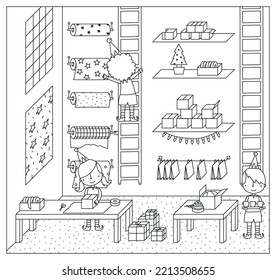 Christmas elf wrapping station vector illustration