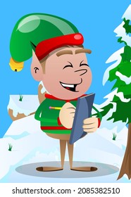 Christmas Elf writing on a books cover. Vector cartoon character illustration of Santa Claus's little worker, helper.