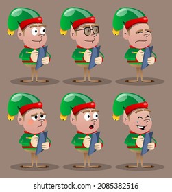 Christmas Elf writing on a books cover. Vector cartoon character illustration of Santa Claus's little worker, helper.