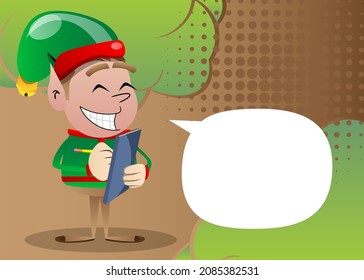 Christmas Elf writing on a books cover. Vector cartoon character illustration of Santa Claus's little worker, helper.