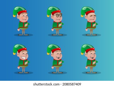 Christmas Elf writing with pencil. Vector cartoon character illustration of Santa Claus's little worker, helper.