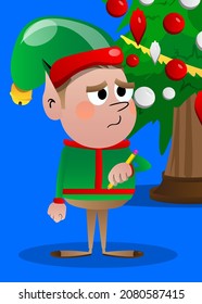 Christmas Elf writing with pencil. Vector cartoon character illustration of Santa Claus's little worker, helper.