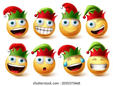 Juego de vectores de emoji elfs de Navidad. Emojis usando colección de iconos de sombrero elfo aislados en fondo blanco para elementos de diseño de caracteres de navidad. Ilustración vectorial.
