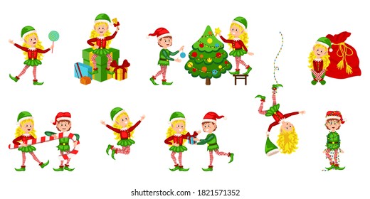 Christmas elfs kids vector children Santa Claus helpers cartoon elfish girls. Girl elves with green costume holding gifts and playing