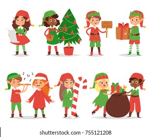 Christmas elfs kids vector children Santa Claus helpers cartoon elfish boys and girls young characters traditional costume celebrated Christmas