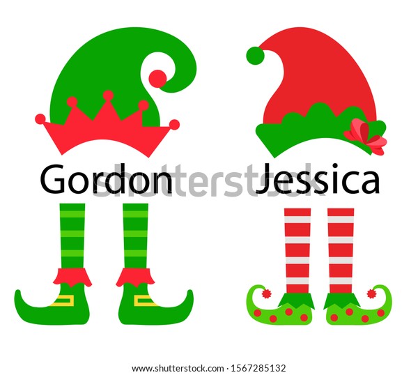 クリスマスのおばあさんと少年の帽子と足 ベクターイラスト かわいいエルフの脚 ブーツ 衣装 サンタ助手団 のベクター画像素材 ロイヤリティフリー