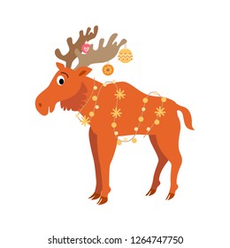 Christmas Elk deer icon. Vector illustration Santa reindeer isolated on white background. Xmas decoration in cartoon style. Traditional christmas element of holiday