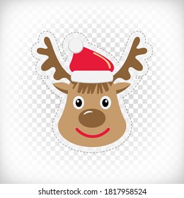 Christmas elk sticker. Cute reindeer stickers. Christmas design element with cartoon deer and red hat. Vector illustration.