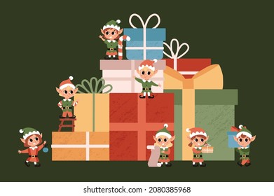 Christmas elves among the huge gifts. Santa Claus helper. Cute vector character. Festive elf on green background.