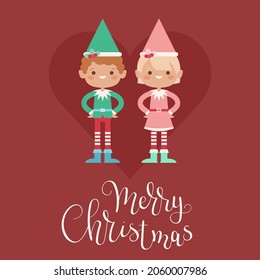 Christmas elves: boy and girl. Merry Christmas hand lettering. Vector illustration