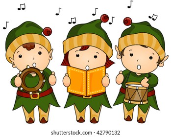 Christmas Elves Caroling - Vector