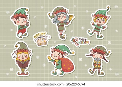 Christmas Elves Cartoon Characters. Cute Stickers Collection