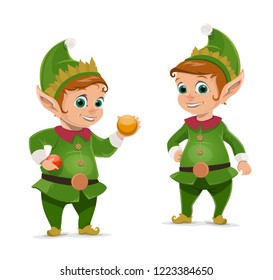 Christmas elves cartoon characters of Santa Claus helpers. Vector dwarfs or little peoples in green suits and hats with Xmas tree balls and baubles. Gift workshop workers, winter holidays design