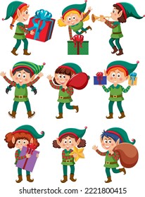 Christmas elves cartoon characters set illustration