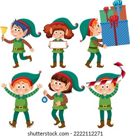 Christmas elves cartoon characters set illustration