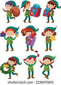 Christmas elves cartoon characters set illustration