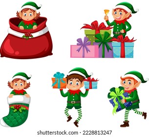 Christmas elves cartoon set illustration