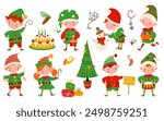 Christmas elves characters. Santa elf, xmas helpers with gifts sweets decorations. Winter holiday creatures in costumes and hats, nowaday vector set