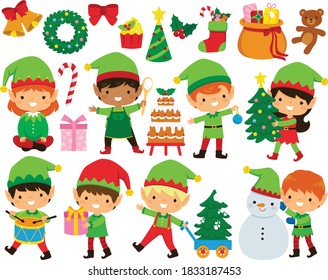 Christmas Elves Clipart Set. Cute Santa’s Elves In Different Poses And A Collection Of Christmas Illustrations.