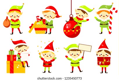 Christmas elves. Collection of cute Santa's helpers holding gifts, sweets and other. Funny cartoon New Year characters for greeting design