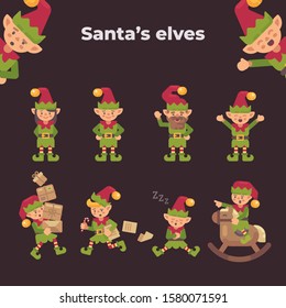 Christmas elves collection. Holiday characters flat illustration