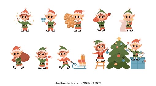 Christmas elves collection. Santa Claus helper. Set of cute character with gifts and christmas tree. Festive elf isolated on white background.