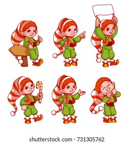 Christmas elves with different emotions. Santa's helpers. Vector cartoon illustration.