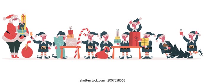 Christmas elves factory. Santa Claus and elves pack holiday gifts, Santa helpers making xmas presents vector illustration. Santa Claus elves workshop. Christmas gift and surprise conveyor