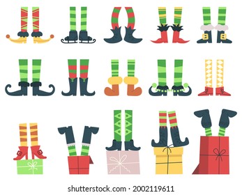 Christmas elves feet. Cute Santa Claus helpers legs in boots and striped socks vector illustration set. Cartoon funny xmas elf feet. Elf or leprechaun striped legs to christmas costume