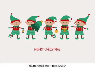 Christmas elves with gift, tree, ball, lantern isolated on gray background. Merry Christmas and New Years' banner with Santa Claus helper. 