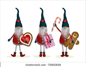 Christmas Elves with gifts, cookies and sweets. Scandinavian folk characters - Nisser in Norway and Denmark, Tomtar in Sweden or Tonttu, Tomte in Finnish. Vector illustration isolated on white.