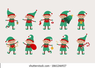 Christmas elves with gifts, trees, balls, lanterns, stars, garlands isolated on a beige background. Flat illustration with Santa Claus helpers. 