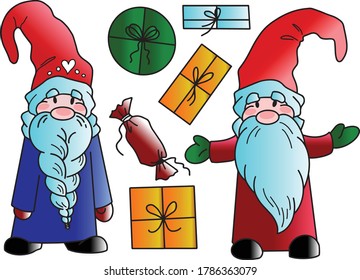 Christmas elves (gnomes) with gift boxes. Vector clip art