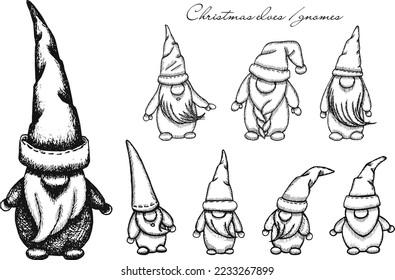 Christmas elves or gnomes. Vector hand drawn illustration of little bearded men in big caps covering their eyes. Festive New Year's gnomes