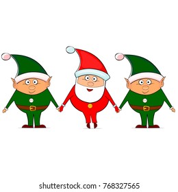 Christmas elves and happy Santa holding hands
