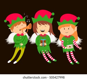 Christmas elves, helpers of Santa Claus, angels, vector graphics