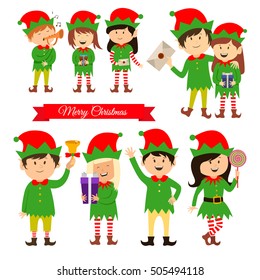 Christmas elves, helpers of Santa Claus, vector