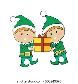 Christmas elves holding gift box. Two xmas cartoon characters carrying new year present. Santas helper elf isolated on white. Winter season holiday greeting card banner poster design. Vector