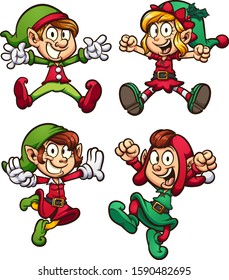 Christmas Elves Jumping, Set Of Four Clip Art . Vector Illustration With Simple Gradients. Each On A Separate Layer.
